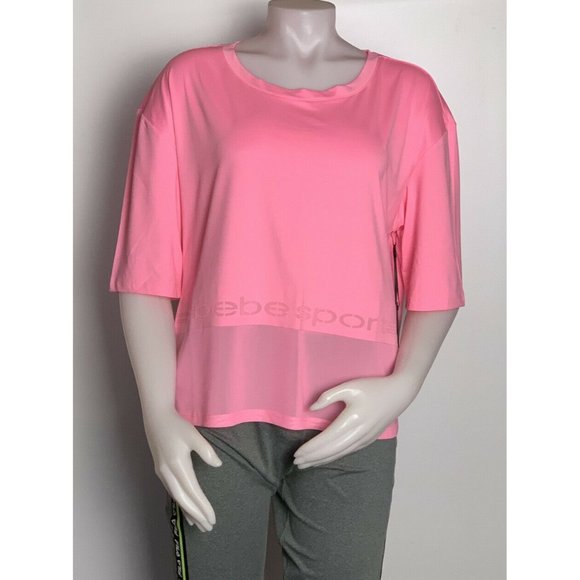 Women’s TShirt Size L Bebe Sport short Sleeve with mesh strap bottom pink - Picture 1 of 12